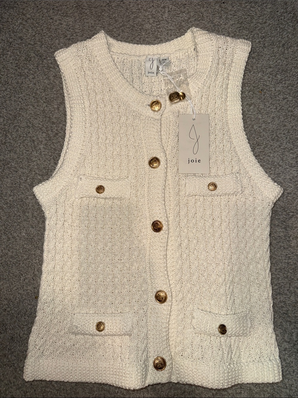 Joie Cream Cable Knit Button-Front Sleeveless Vest with Gold Buttons